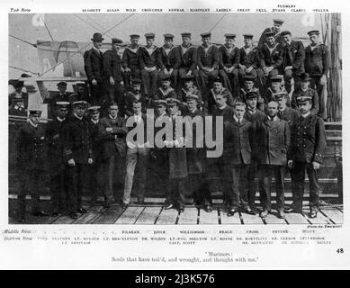 Halbtonfoto von Seeleuten und Entdeckern, die 1902 an der Discovery-Expedition von Robert Falcon Scott in die Antarktis beteiligt waren Stockfoto