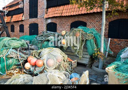 Fischschuppen im Hafen von Burgstaaken, Insel Fehmarn Stockfoto