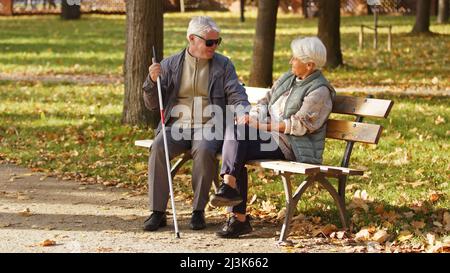 Ältere kaukasische verheiratete Menschen sitzen auf der Bank und schauen einander an und lächeln in einem Park Behinderte Blinde Mann mit Brille und ein Stock blind Menschen emotionale Unterstützung Rehabilitation Vollschuss selektive Fokus Park Hintergrund . Hochwertige Fotos Stockfoto