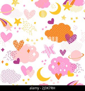 Wolken, Kometen, Herzen und kosmische Elemente abstrahieren nahtlose Muster im Minimalismus-Stil. Vektor-Hintergrund in trendigen Farben. Ideal für soziale Medien, Stock Vektor