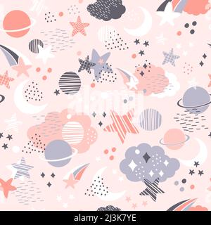 Wolken, Sterne und kosmische Elemente abstrahieren nahtlose Muster im Minimalismus-Stil. Kreative skandinavische Textur für Stoff, Wrapping, Textil, Wallpape Stock Vektor
