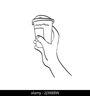 Nahaufnahme Hand hält vereisten Take Away Kaffee Illustration Vektor Hand gezeichnet isoliert auf weißem Hintergrund Linie Kunst Stock Vektor