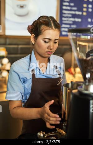 Bereit, Ihren Koffeinkick zu servieren. Aufnahme eines fokussierten jungen Barista, der hinter der Kasse in einem Café arbeitet. Stockfoto