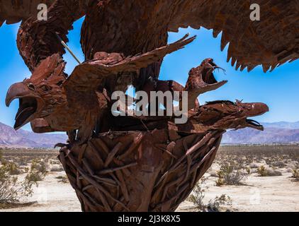 Die Metallskulptur „Incredible Wind God Bird“ des Künstlers Ricardo Breceda in den Galleta Meadows in Borrega Springs, Kalifornien. Stockfoto