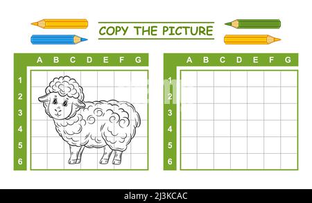 Kopieren Bild niedlichen Schafe in Zellen Bildung Kinder Spiel. Zeichnung und Farbe Lamm. Kind Malbuch Seite. Muttertier. Handzeichnen auf Gitter. Vektor Stock Vektor