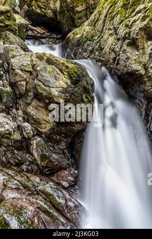 Rollstuhlgerecht, nur 400m Gehminuten vom Parkplatz entfernt, der Afon Sychryd River in Rhondda Cynon TAF, am einfachsten zu erreichen, in der Nähe von Dinas Rock, Wasserfällen, Mo Stockfoto