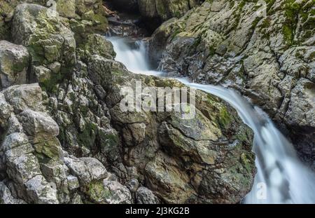 Rollstuhlgerecht, nur 400m Gehminuten vom Parkplatz entfernt, der Afon Sychryd River in Rhondda Cynon TAF, am einfachsten zu erreichen, in der Nähe von Dinas Rock, Wasserfällen, Mo Stockfoto