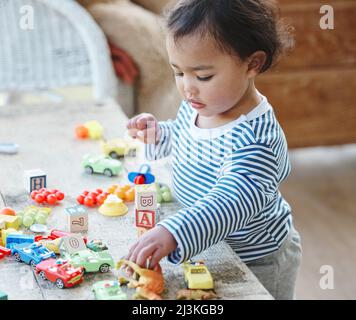 Das sind meine liebsten Dinge, mit denen ich spielen kann. Aufnahme eines entzückenden kleinen Mädchens, das zu Hause mit ihrem Spielzeug spielt. Stockfoto