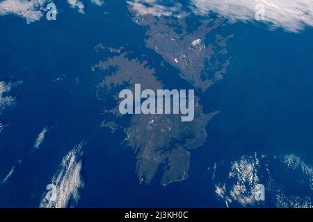 ISS - 30. November 2021 - der entlegene Archipel der Falklandinseln im Südatlantik aus einer Umlaufbahn des Internationalen Weltraumbahnhofes Stati Stockfoto