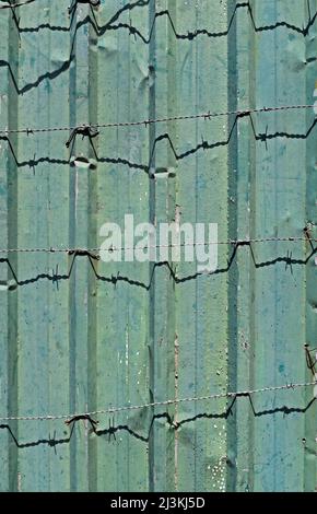 Grüne Metalloberfläche und Stacheldraht Stockfoto