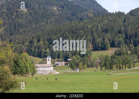 Bild einer Kirche, einer katholischen Kapelle, in zgornje jezersko, einem ländlichen Dorf in Slowenien an der österreichischen Grenze, in den Julischen alpen, im Sommer, mit i Stockfoto