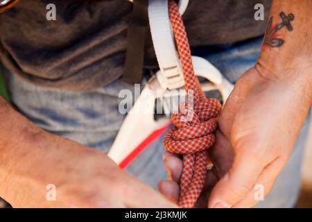 Ein Kletterer bindet ein Seil mit einem Acht-Knoten. Stockfoto