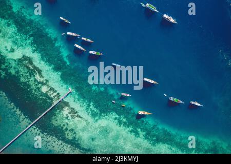 Blick von direkt über den Booten vor der Küste einer Insel im Komodo-Nationalpark mit einem Pier, der sich in die umliegenden türkis... Stockfoto