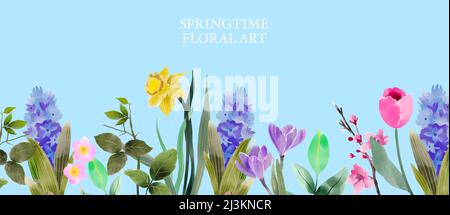 Frühling Hintergrund, Frühling floral Grenze, Sommer Malerei Blumen Aquarell, isoliert Frühling Illustration Stockfoto