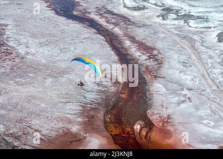 Ein Paramotor-Pilot fliegt über Owens Lake, ein meist trockenes Seebett, in der Sierra Nevada in der Nähe von Lone Pine, mit salzliebenden Halobakterien, die den... Stockfoto