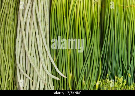 Nahaufnahme von frischem Gemüse, Knoblauchsprossen und chinesischen langen Bohnen zum Verkauf auf dem Chengdu Markt; Sichuan, China Stockfoto