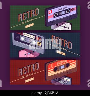 Retro-Mixtapes Cartoon-Banner mit Audiokassetten. Mischen Sie Bänder, Medienspeicher für Musik und Sound. Hintergründe mit analogem Hipster-Devic im Vintage-Stil Stock Vektor