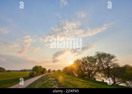 Sonnenuntergang über dem Danubia-Fluss und Wanderweg; Oberpfalz, Bayern, Deutschland Stockfoto