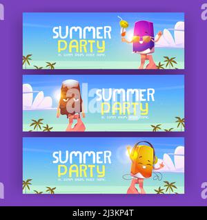 Sommerparty Flyer mit niedlichem Eis am Strand. Vektorplakate mit Cartoon-Illustration mit Hand halten Popsicle. Schokoladeneis auf Stick mel Stock Vektor