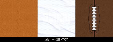 Texturen aus Sporttrikot, american Football und Korbbällen werden angezeigt. Vector realistische Satz von nahtlosen Mustern aus Schweinsleder mit Schnürsenkeln, weiß Stock Vektor