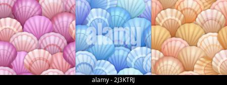 Seashell nahtlose Muster. Abstrakter Strandhintergrund mit Muschelschalen. Vektor Cartoon Textur Set mit blauen, rosa und braunen Jakobsmuscheln, tropischen bivalv Stock Vektor