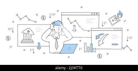 Finanzkrise, wirtschaftlicher Rückgang, Konkurskonzept mit Kritzeln traurigen Mann mit Laptop, unten Grafik und Charts auf dem Bildschirm. Vektor handgezeichnete Illustrati Stock Vektor