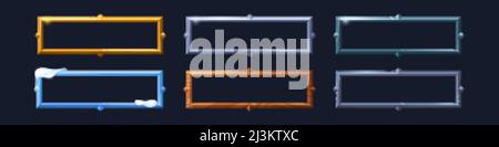 Rechteckige Rahmen mit Gold-, Silber-, Holz- und Eisstruktur für das Game ui Design. Vektorgrafik Zeichentrickserie leere Rahmen im mittelalterlichen Stil, golden, Stahl, Stock Vektor