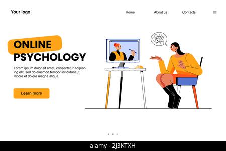 Online-Psychologie-Zielseite. Depressive Frau mit verworrenen Gedanken, die sich mit dem Therapeuten auf dem Computerbildschirm beraten hat. Entfernte geistige Helpline mit Psych Stock Vektor