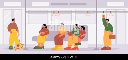 Menschen in der U-Bahn-Auto Innenraum. Männer, Frauen und Kinder lesen Bücher, hören Musik, sitzen und stehen mit Haustieren im U-Bahn-Wagen. U-Bahn-Haltestelle Stock Vektor