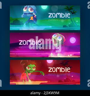 Cartoon-Banner mit lustigen Zombiefiguren, die nachts spazieren gehen. Halloween Party Einladungen mit lustigen männlichen und weiblichen toten Persönlichkeiten, niedlich und wütend Stock Vektor