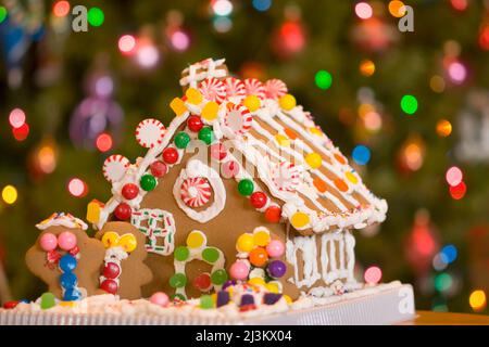 Lebkuchenhaus und Weihnachtsbaum; Portland, Oregon, Vereinigte Staaten von Amerika Stockfoto