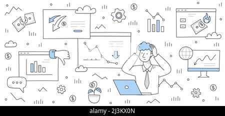 Finanzkrise, Wirtschaft Tropfen Doodle Geschäftskonzept. Schockiert Geschäftsmann Investor halten Kopf mit Stress aufgrund von Geldverlust, investieren Rezession, int Stock Vektor