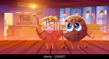 Niedliche Plätzchen-Figuren im Café. Vektor-Cartoon-Illustration von glücklichen süßen Gebäck, Shortbread und Schokolade Kekse auf Holztisch im Café o Stock Vektor