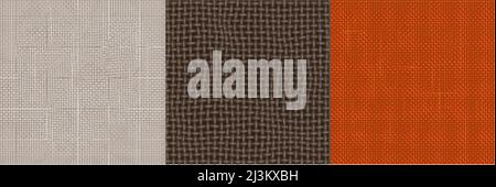 Jute-Stofftextur. Nahtlose Muster aus Sackleinen, gewebtem Tuch, rauem Baumwollstoff. Vektor-Set von Leinwandmaterial Hintergründe, rot, braun und beige Stock Vektor