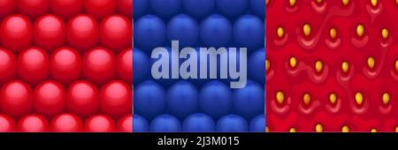 Spiel Texturen von Früchten und Beeren. Vektor Cartoon nahtlose Muster mit Nahaufnahme Oberfläche von frischen reifen Erdbeere mit Samen, Kirschen, blau und rot Stock Vektor