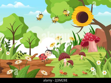 Schöner Garten Cartoon Hintergrund Illustration mit Landschaft Natur der Pflanzen, verschiedene Tiere, Blumen, Baum und grünes Gras im flachen Design-Stil Stock Vektor