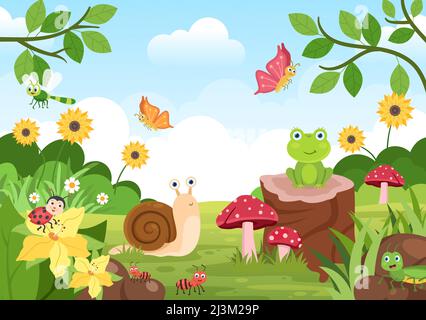 Schöner Garten Cartoon Hintergrund Illustration mit Landschaft Natur der Pflanzen, verschiedene Tiere, Blumen, Baum und grünes Gras im flachen Design-Stil Stock Vektor