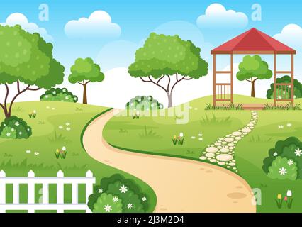 Schöner Garten Cartoon Hintergrund Illustration mit Einer Landschaft Natur der Pflanze, Blumen, Baum und grünes Gras in flachem Design-Stil Stock Vektor