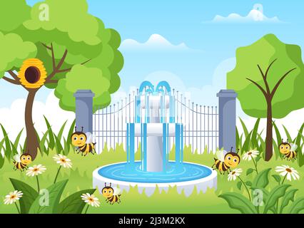 Schöner Garten Cartoon Hintergrund Illustration mit Landschaft Natur der Pflanzen, verschiedene Tiere, Blumen, Baum und grünes Gras im flachen Design-Stil Stock Vektor