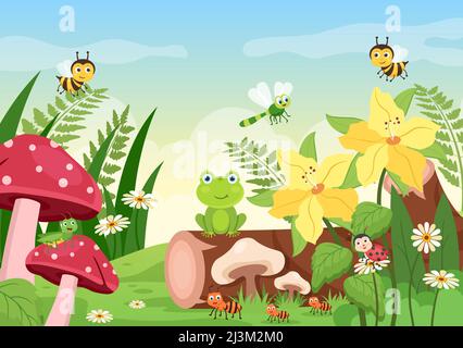 Schöner Garten Cartoon Hintergrund Illustration mit Landschaft Natur der Pflanzen, verschiedene Tiere, Blumen, Baum und grünes Gras im flachen Design-Stil Stock Vektor