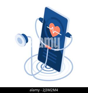 Flaches 3D Isometrisches Stethoskop auf Smartphone mit Herzpuls. Telemedizin und Online-medizinische Beratung Servicekonzept. Stock Vektor