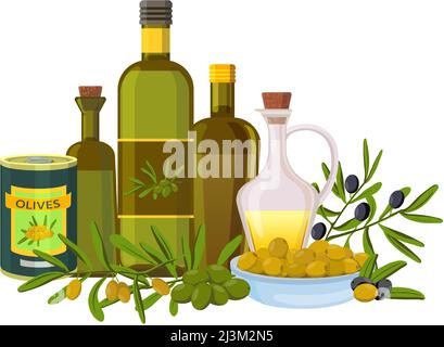 Olivenöl-Set. Produkte aus Olivenzweigen. Schwarze und grüne Bio-Oliven, Gläser und Glasflaschen Stock Vektor