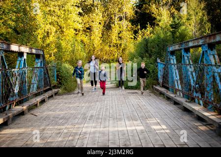 Fünf Geschwister, zwei Mädchen und drei Jungen, die im Herbst in einem Park über eine Brücke laufen; Edmonton, Alberta, Kanada Stockfoto