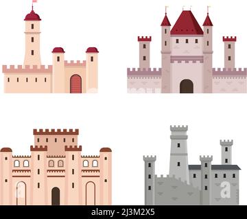 Mittelalterliche Gebäude. Isolierte Cartoon Ritter Festung und Burgen. Historische Architektur, Türme und Tore Stock Vektor