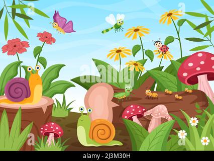 Schöner Garten Cartoon Hintergrund Illustration mit Landschaft Natur der Pflanzen, verschiedene Tiere, Blumen, Baum und grünes Gras im flachen Design-Stil Stock Vektor