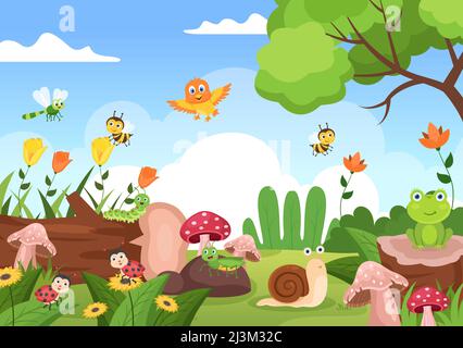 Schöner Garten Cartoon Hintergrund Illustration mit Landschaft Natur der Pflanzen, verschiedene Tiere, Blumen, Baum und grünes Gras im flachen Design-Stil Stock Vektor