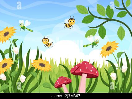 Schöner Garten Cartoon Hintergrund Illustration mit Landschaft Natur der Pflanzen, verschiedene Tiere, Blumen, Baum und grünes Gras im flachen Design-Stil Stock Vektor