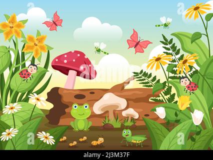 Schöner Garten Cartoon Hintergrund Illustration mit Landschaft Natur der Pflanzen, verschiedene Tiere, Blumen, Baum und grünes Gras im flachen Design-Stil Stock Vektor