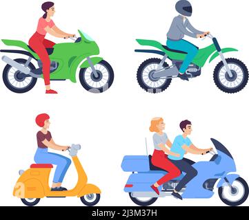 Motorradfahrer. Menschen in Helm auf Roller und Motorrad. Weibliche und männliche Charaktere, die auf dem Motorrad unterwegs sind Stock Vektor