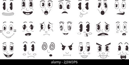 Cartoon-Retro-Gesichter. Doodle Clip Art lustige Emotionen, alte Maskottchen Gesichtskollektion mit Comic-Lächeln. Vektorset Stock Vektor